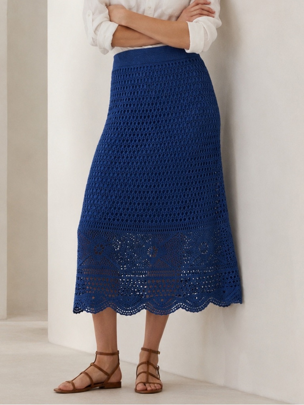 Lauren Ralph Lauren Pointelle-Knit Linen-Blend Crochet Midi Skirt Size L